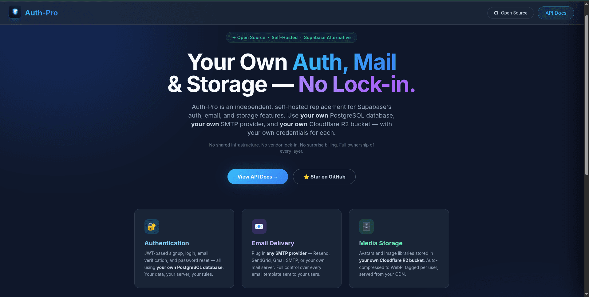 Auth-Pro - Self-hosted auth, email & storage microservice — your own DB, SMTP, and R2 bucket with no vendor lock-in.